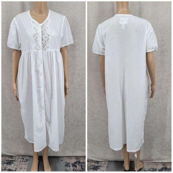 Erika Taylor White Cotton Embroidered Lace Button Up Nightgown Pajama Dress - Picture 7 of 16